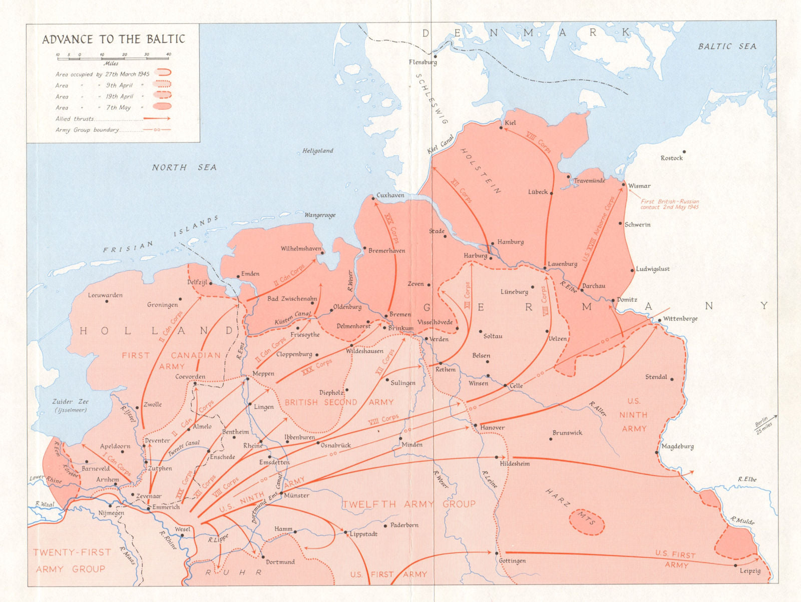 Allies advance from the Rhine to the Baltic, March-May 1945 Germany WW2 1968 map